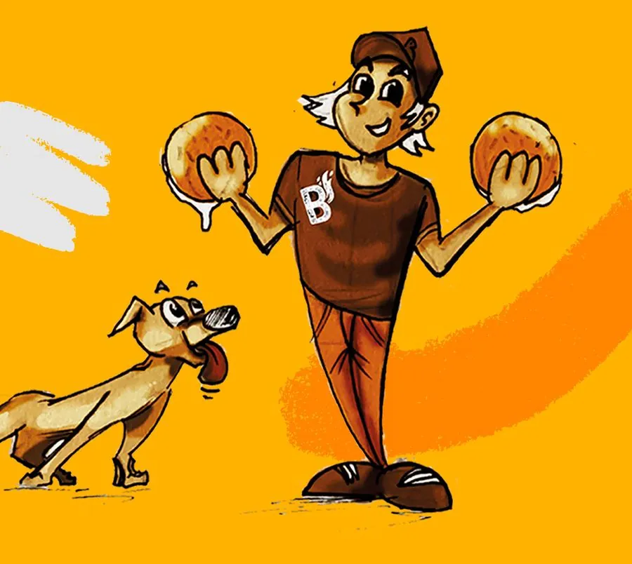 O mascote do BurgerCue segurando dois burgers